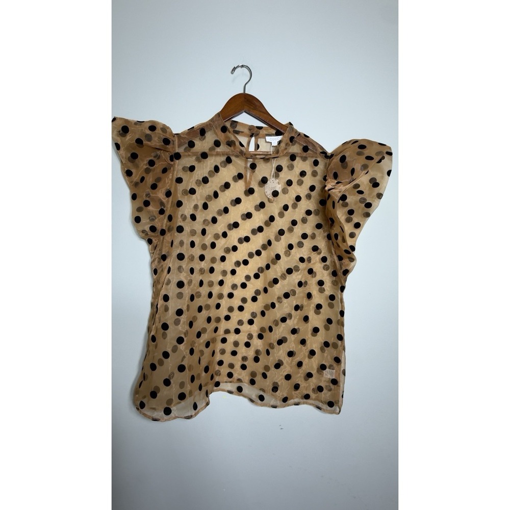 ODDÍ Women's 3XL Sheer Polka Dot Blouse Tan Black Flutter Sleeve NWT Plus Size
